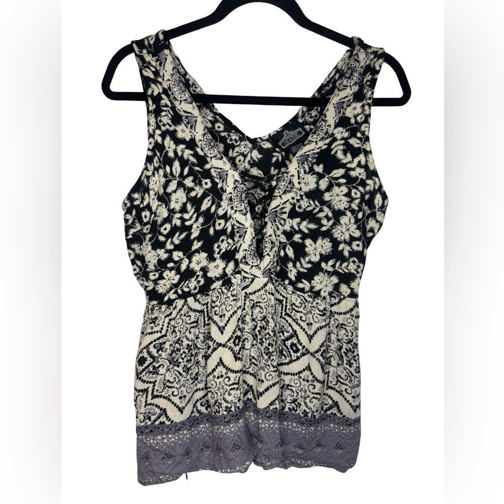Angie Black and Cream Bohemian Floral Sleeveless Top
